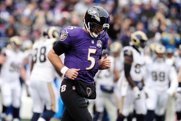 Nov 22, 2015; Baltimore, MD, USA; Baltimore Ravens quarterback Joe Flacco (5) reacts after throwing an interception in the second quarter against the St. Louis Rams at M&T Bank Stadium. Mandatory Credit: Evan Habeeb-USA TODAY Sports