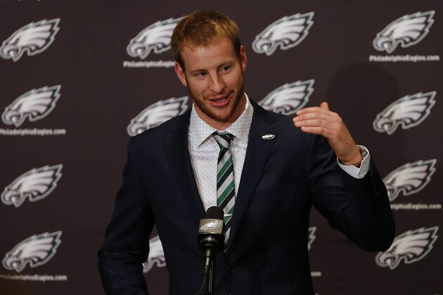 Philadelphia Eagles first-round draft pick Carson Wentz speaks during a news conference at the NFL football teams' training facility, Friday, April 29, 2016, in Philadelphia. The North Dakota State quarterback was selected as the second overall pick in the draft. (AP Photo/Rich Schultz)