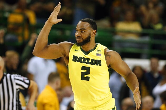 Baylor forward Rico Gathers reacts to a 3-point play against West Virginia in the first half of an NCAA college basketball game, Saturday, March 5, 2016, in Waco, Texas. (AP Photo/Rod Aydelotte)