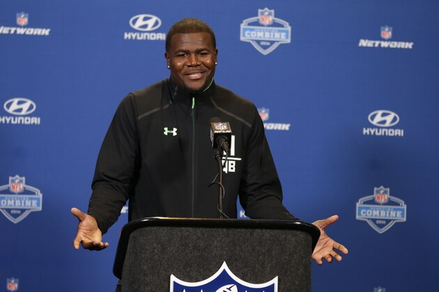 Ohio St. quarterback Cardale Jones speaks during a press conference at the NFL football scouting combine in Indianapolis, Thursday, Feb. 25, 2016. (AP Photo/Michael Conroy)