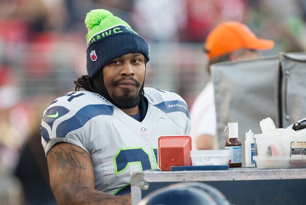 Oct 22, 2015; Santa Clara, CA, USA; Seattle Seahawks running back Marshawn Lynch (24) is seen before the game against the San Francisco 49ers at Levi's Stadium. Mandatory Credit: Kelley L Cox-USA TODAY Sports