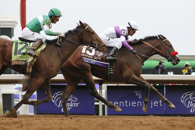 FILE - In this Oct. 31, 2015, file photo, Nyquist (13), with Mario Gutierrez up, wins the Breeders' Cup Juvenile horse race at Keeneland in Lexington, Ky. Unlike Pharoah-phever a year ago, Nyquist-mania hasn’t yet struck in the days leading to the Kentucky Derby. It might by next Saturday night if the undefeated colt ends up in the winner’s circle at Churchill Downs. (AP Photo/Brynn Anderson, File)