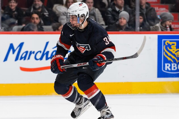 MONTREAL, QC - JANUARY 02:  Auston Matthews #34 of Team United States skates in a quarterfinal round during the 2015 IIHF World Junior Hockey Championships against Team Russia at the Bell Centre on January 2, 2015 in Montreal, Quebec, Canada.  Team Russia defeated Team United States 3-2.  (Photo by Minas Panagiotakis/Getty Images)