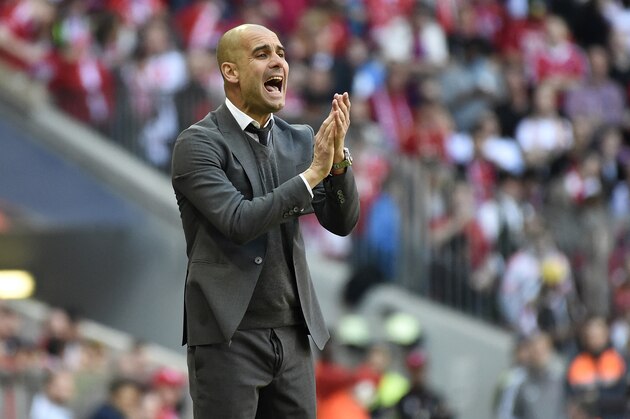 MUNICH, GERMANY - APRIL 30: Coach Josep Guardiola of Muenchen reacts during the Bundesliga match between FC Bayern Muenchen and Borussia Moenchengladbach at Allianz Arena on April 30, 2016 in Munich, Germany. (Photo by Daniel Kopatsch/Getty Images For MAN)