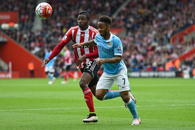 SOUTHAMPTON, ENGLAND - MAY 01:  Cuco Martina of Southampton challenges Raheem Sterling of Manchester City during the Barclays Premier League match between Southampton and Manchester City at St Mary's Stadium on May 1, 2016 in Southampton, England.  (Photo by Mike Hewitt/Getty Images)