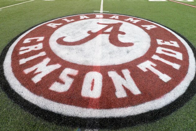 Dec 5, 2014; Atlanta, GA, USA; The Alabama Crimson Tide logo is seen on the field of the Georgia Dome. Alabama plays Missouri in the SEC Championship on Saturday. Mandatory Credit: John David Mercer-USA TODAY Sports