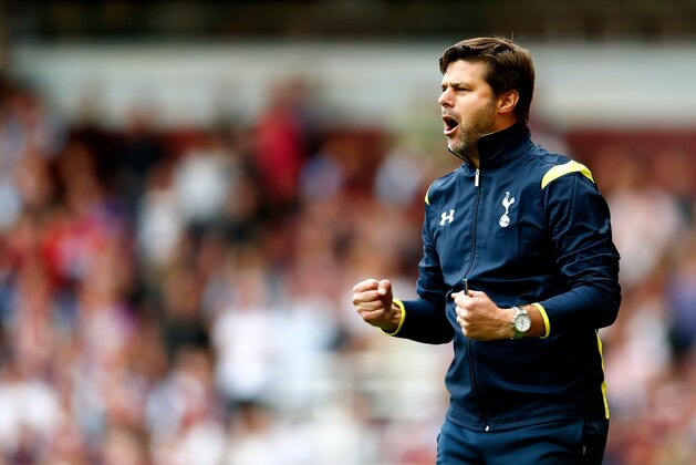 LONDON, ENGLAND - AUGUST 16:  Mauricio Pochettino the Spurs manager celebrates his team's goal during the Barclays Premier League match between West Ham United and Tottenham Hotspur at Boleyn Ground on August 16, 2014 in London, England.  (Photo by Julian Finney/Getty Images)