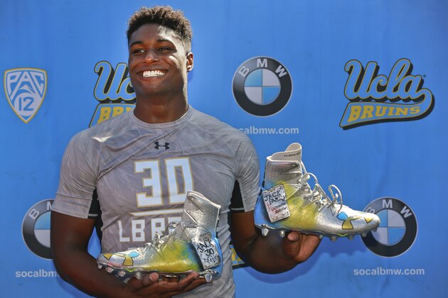 UCLA linebacker Myles Jack poses with his self-designed