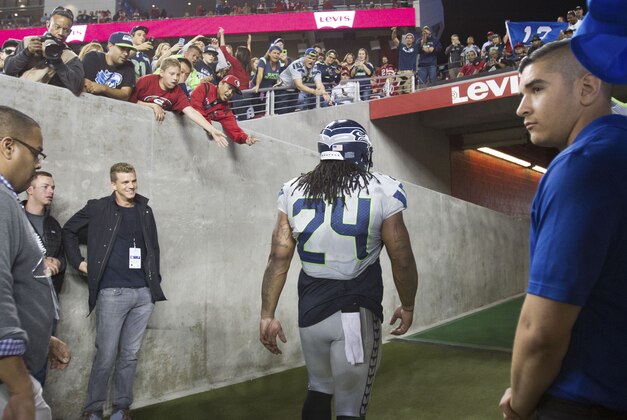 Oct 22, 2015; Santa Clara, CA, USA; Seattle Seahawks running back Marshawn Lynch (24) leaves the field during the fourth quarter against the San Francisco 49ers at Levi's Stadium. The Seattle Seahawks defeated the San Francisco 49ers 20-3. Mandatory Credit: Kelley L Cox-USA TODAY Sports