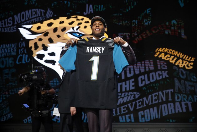 Florida State’s Jalen Ramsey poses for photos after being selected by Jacksonville Jaguars as fifth pick in the first round of the 2016 NFL football draft, Thursday, April 28, 2016, in Chicago. (AP Photo/Charles Rex Arbogast) Florida State’s Jalen Ramsey poses for photos after being selected by Jacksonville Jaguars as fifth pick in the first round of the 2016 NFL football draft, Thursday, April 28, 2016, in Chicago. (AP Photo/Charles Rex Arbogast)