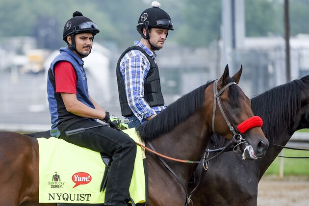 LOUISVILLE, KY - MAY 01: Nyquist, trained by Doug O'Neill and owned by Reddam Racing LLC, exercises and prepares during morning workouts for the Kentucky Derby and Kentucky Oaks at Churchill Downs on May 1, 2016 in Louisville, Kentucky. (Photo by John Voorhees/Eclipse Sportswire/Getty Images)