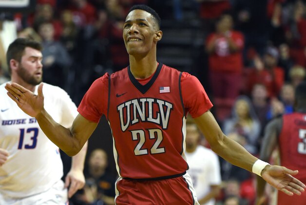 LAS VEGAS, NV - JANUARY 27:  Patrick McCaw #22 of the UNLV Rebels reacts after hitting a 3-pointer against the Boise State Broncos during their game at the Thomas & Mack Center on January 27, 2016 in Las Vegas, Nevada. UNLV won 87-77.  (Photo by Ethan Miller/Getty Images)