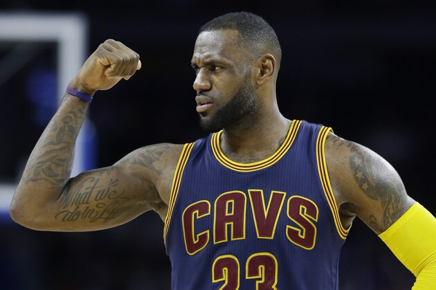 Cleveland Cavaliers forward LeBron James looks towards the bench during the second half in Game 4 of a first-round NBA basketball playoff series against the Detroit Pistons, Sunday, April 24, 2016 in Auburn Hills, Mich. (AP Photo/Carlos Osorio)