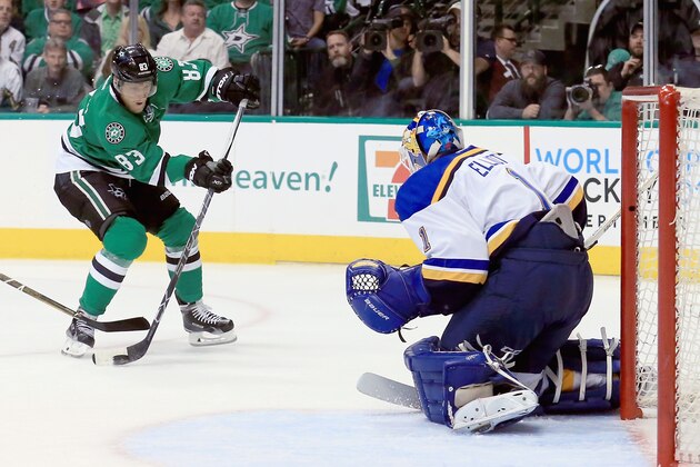 DALLAS, TX - APRIL 29:  Ales Hemsky #83 of the Dallas Stars shoot the puck against Brian Elliott #1 of the St. Louis Blues in the first period in Game One of the Western Conference Second Round during the 2016 NHL Stanley Cup Playoffs at American Airlines Center on April 29, 2016 in Dallas, Texas.  (Photo by Tom Pennington/Getty Images)