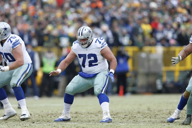 GREEN BAY, WI - JANUARY 11: Travis Frederick #72 of the Dallas Cowboys blocks against the Green Bay Packers during the NFC Divisional Playoff game at Lambeau Field on January 11, 2015 in Green Bay, Wisconsin. The Packers defeated the Cowboys 26-21. (Photo by Joe Robbins/Getty Images)