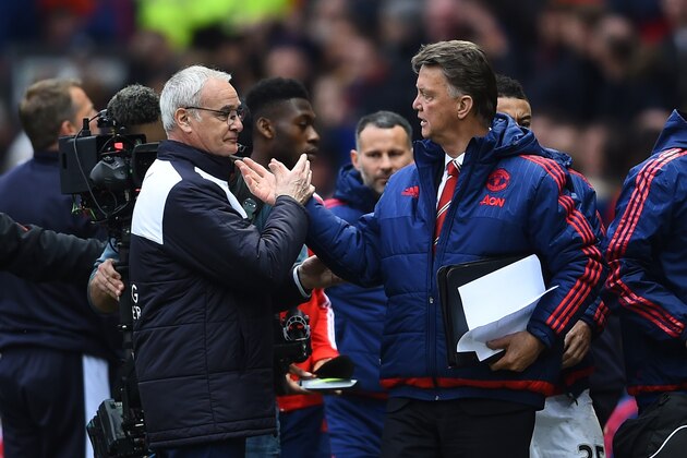 MANCHESTER, UNITED KINGDOM - MAY 01:  Claudio Ranieri, manager of Leicester City shakes hands with Louis van Gaal, manager of Manchester United after the Barclays Premier League match between Manchester United and Leicester City at Old Trafford on May 1, 2016 in Manchester, England.  (Photo by Laurence Griffiths/Getty Images)