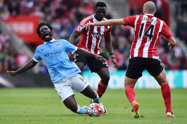 Manchester City's Ivorian striker Wilfried Bony (L) falls after being tackled by Southampton's Kenyan midfielder Victor Wanyama (C) during the English Premier League football match between Southampton and Manchester City at St Mary's Stadium in Southampton, southern England on May 1, 2016. / AFP / BEN STANSALL / RESTRICTED TO EDITORIAL USE. No use with unauthorized audio, video, data, fixture lists, club/league logos or 'live' services. Online in-match use limited to 75 images, no video emulation. No use in betting, games or single club/league/player publications.  /         (Photo credit should read BEN STANSALL/AFP/Getty Images)