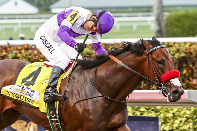 HALLANDALE BEACH, FL- APRIL 02: Nyquist #4 remains unbeaten as he wins the Florida Derby with jockey Mario Gutierrez at Gulfstream Park on April 02, 2016 in Hallandale Beach, Florida. (Photo by Liz Lamont/Eclipse Sportswire/Getty Images)