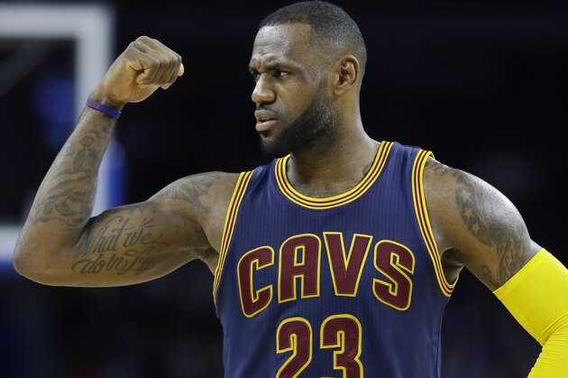 Cleveland Cavaliers forward LeBron James looks towards the bench during the second half in Game 4 of a first-round NBA basketball playoff series against the Detroit Pistons, Sunday, April 24, 2016 in Auburn Hills, Mich. (AP Photo/Carlos Osorio)