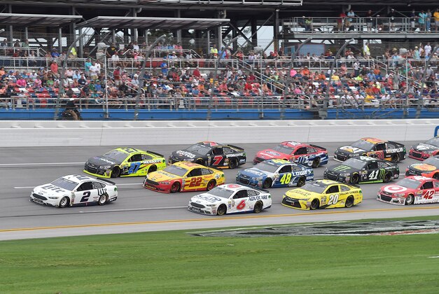 May 1, 2016; Talladega, AL, USA; NASCAR Sprint Cup Series driver Brad Keselowski (2) leads the field during the GEICO 500 at Talladega Superspeedway. Mandatory Credit: Jasen Vinlove-USA TODAY Sports