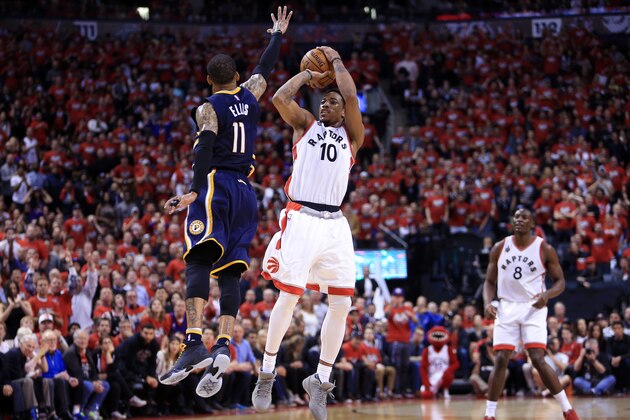 TORONTO, ON - MAY 01:  DeMar DeRozan #10 of the Toronto Raptors shoots a three-pointer as Monta Ellis #11 of the Indiana Pacers defends in the second half of Game Seven of the Eastern Conference Quarterfinals during the 2016 NBA Playoffs at the Air Canada Centre on May 01, 2016 in Toronto, Ontario, Canada.  NOTE TO USER: User expressly acknowledges and agrees that, by downloading and or using this photograph, User is consenting to the terms and conditions of the Getty Images License Agreement.  (Photo by Vaughn Ridley/Getty Images)