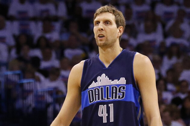 Dallas Mavericks forward Dirk Nowitzki (41) during the first half of Game 1 of a first-round NBA basketball playoff series, Saturday, April 16, 2016, in Oklahoma City. (AP Photo/Alonzo Adams)