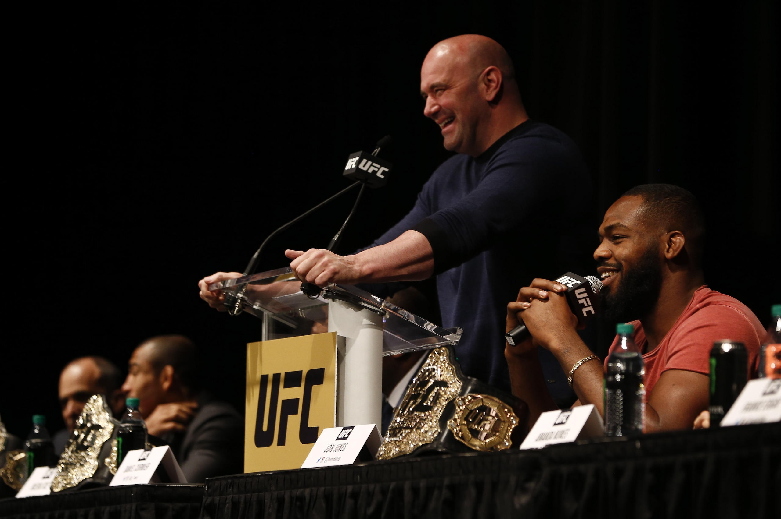 NEW YORK, NY - APRIL 27:  Jon Jones speaks at a press conference with UFC president Dana White at a media availability for UFC 200 at Madison Square Garden on April 27, 2016 in New York City. (Photo by Jeff Zelevansky/Getty Images)
