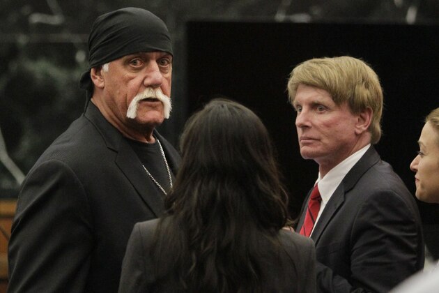 Hulk Hogan, whose given name is Terry Bollea, left, looks on in court moments after a jury returned its decision Monday, March 21, 2016, in St. Petersburg, Fla. A jury has hit Gawker Media with $15 million in punitive damages and its owner with $10 million, adding to the $115 million it awarded last week for publishing a sex video of Hogan. (Dirk Shadd/The Tampa Bay Times via AP, Pool) NEW YORK POST OUT