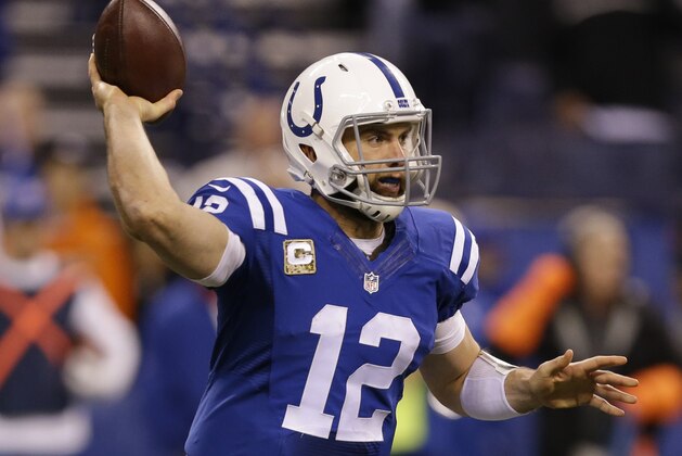 Indianapolis Colts' Andrew Luck (12) throws during the second half of an NFL football game against the Denver Broncos, Sunday, Nov. 8, 2015, Indianapolis. (AP Photo/Michael Conroy)