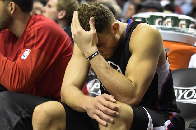 PORTLAND, OR - APRIL 25: Blake Griffin #32 of the Los Angeles Clippers sits on the bench as time winds down in the fourth quarter of Game Four of the Western Conference Quarterfinals against the Portland Trail Blazers during the 2016 NBA Playoffs at the Moda Center on April 25, 2016 in Portland, Oregon. The Blazers won the game 98-84. NOTE TO USER: User expressly acknowledges and agrees that by downloading and/or using this photograph, user is consenting to the terms and conditions of the Getty Images License Agreement. (Photo by Steve Dykes/Getty Images)