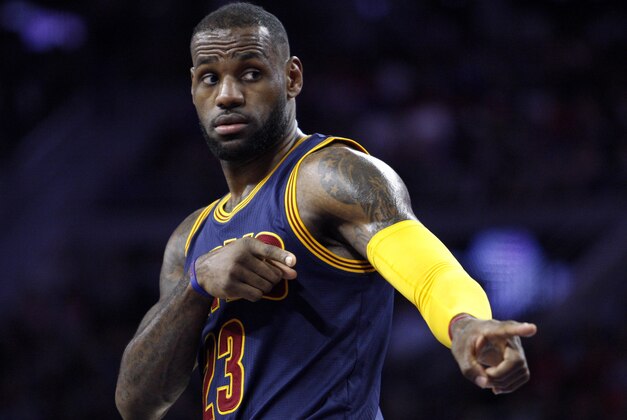 Apr 24, 2016; Auburn Hills, MI, USA; Cleveland Cavaliers forward LeBron James (23) reacts during the second quarter against the Detroit Pistons in game four of the first round of the NBA Playoffs at The Palace of Auburn Hills. Mandatory Credit: Raj Mehta-USA TODAY Sports