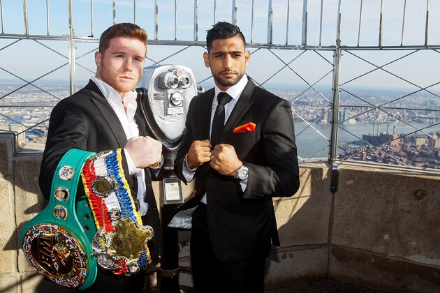 NEW YORK, NY - MARCH 01:  Canelo Alvarez and Amir Khan pose for photos during a press event at the Empire State Building on March 1, 2016 in New York City.  (Photo by Alex Goodlett/Getty Images)