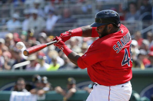 Boston Red Sox's Pablo Sandoval connects for a solo home run off a pitch from Pittsburgh Pirates' Ryan Vogelsong (14) in the second inning of a interleague spring training baseball game, Monday, March 14, 2016, in Fort Myers , Fla. (AP Photo/Tony Gutierrez)