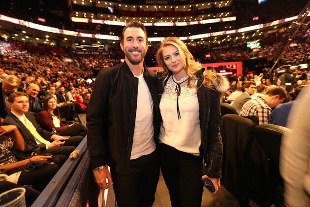TORONTO, ON - FEBRUARY 13: Model Kate Upton and baseball player Justin Verlander during the Verizon Slam Dunk Contest as part of the 2016 NBA All Star Weekend on February 12, 2016 at Air Canada Centre in Toronto, Ontario. NOTE TO USER: User expressly acknowledges and agrees that, by downloading and or using this Photograph, user is consenting to the terms and conditions of the Getty Images License Agreement. Mandatory Copyright Notice: Copyright 2016 NBAE (Photo by Dave Sandford/NBAE via Getty Images)