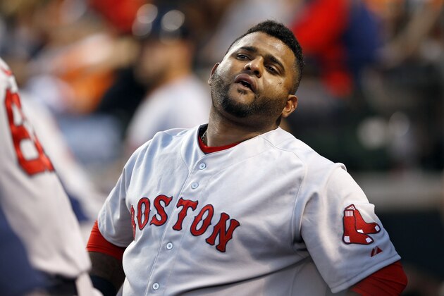 Boston Red Sox's Pablo Sandoval stands in the dugout during a baseball game against the Baltimore Orioles, Monday, Sept. 14, 2015, in Baltimore. (AP Photo/Patrick Semansky)