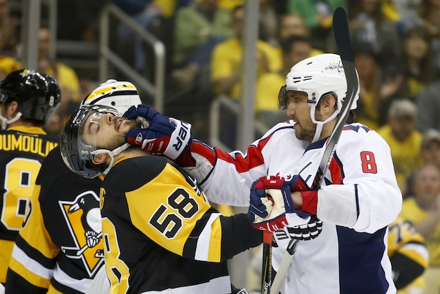 PITTSBURGH, PA - MAY 02:  Alex Ovechkin #8 of the Washington Capitals face washes Kris Letang #58 of the Pittsburgh Penguins in Game Three of the Eastern Conference Second Round during the 2016 NHL Stanley Cup Playoffs at Consol Energy Center on May 2, 2016 in Pittsburgh, Pennsylvania.  (Photo by Justin K. Aller/Getty Images)