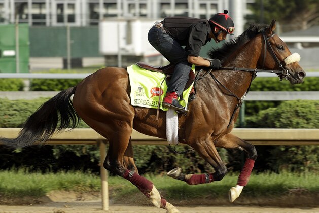Exercise rider Ramiro Gorostieta rides Kentucky Derby hopeful Suddenbreakingnews during a workout at Churchill Downs Monday, May 2, 2016, in Louisville, Ky. The 142nd running of the Kentucky Derby is scheduled for Saturday, May 7. (AP Photo/Charlie Riedel)