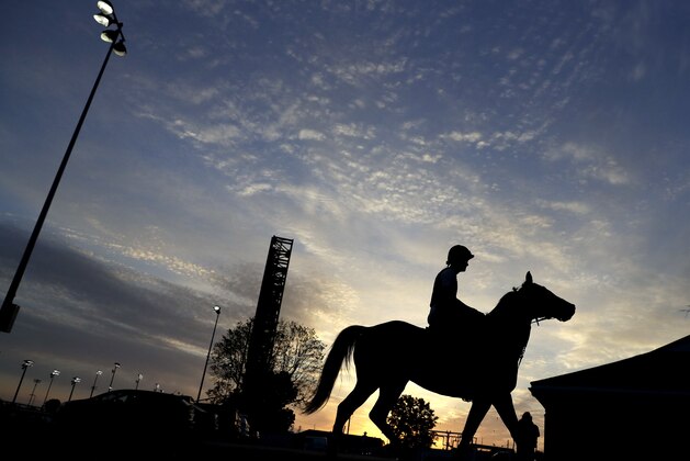 A rider takes a horse back to the barn after an early morning workout at Churchill Downs Monday, May 2, 2016, in Louisville, Ky. The 142 running of the Kentucky Derby is scheduled for Saturday, May 7. (AP Photo/Charlie Riedel)