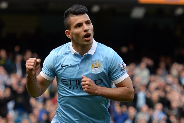 Manchester City's Argentinian striker Sergio Aguero celebrates after scoring their second goal from the penalty spot during the English Premier League football match between Manchester City and Stoke at the Etihad Stadium in Manchester, north west England, on April 23, 2016. / AFP / OLI SCARFF / RESTRICTED TO EDITORIAL USE. No use with unauthorized audio, video, data, fixture lists, club/league logos or 'live' services. Online in-match use limited to 75 images, no video emulation. No use in betting, games or single club/league/player publications.  /         (Photo credit should read OLI SCARFF/AFP/Getty Images)