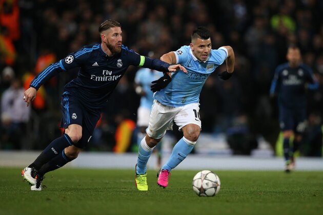 MANCHESTER, ENGLAND - APRIL 26: Sergio Ramos of Real Madrid and Sergio Aguero of Manchester City during the UEFA Champions League Semi Final first leg match between Manchester City FC and Real Madrid at the Etihad Stadium on April 26, 2016 in Manchester, United Kingdom. (Photo by Matthew Ashton - AMA/Getty Images)