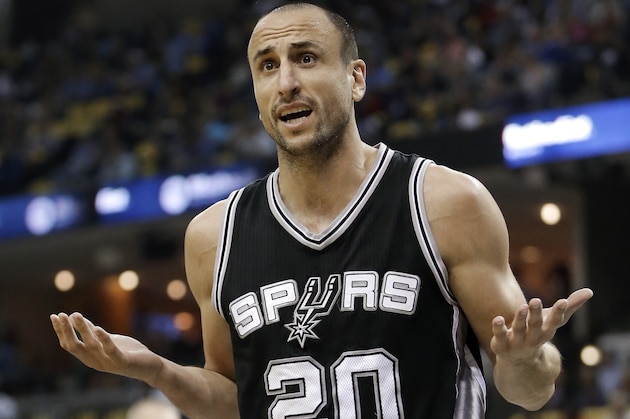San Antonio Spurs guard Manu Ginobili reacts to a foul call during the first half of Game 3 in a first-round NBA basketball playoff series against the Memphis Grizzlies Friday, April 22, 2016, in Memphis, Tenn. (AP Photo/Mark Humphrey)