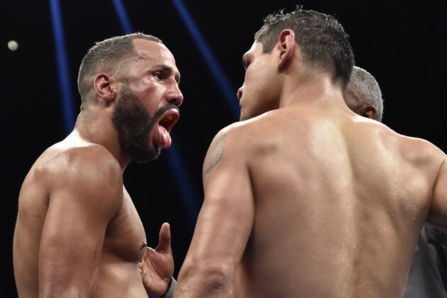 James Degale of England (L) taunts Rogelio Medina of Mexico during Showtime's World Championship Double Header in Washington, DC, Saturday, April 30, 2016. Degale won a  unanimous decision for the IBF Super Middleweight Boxing Championship.  / AFP / David Tulis        (Photo credit should read DAVID TULIS/AFP/Getty Images)