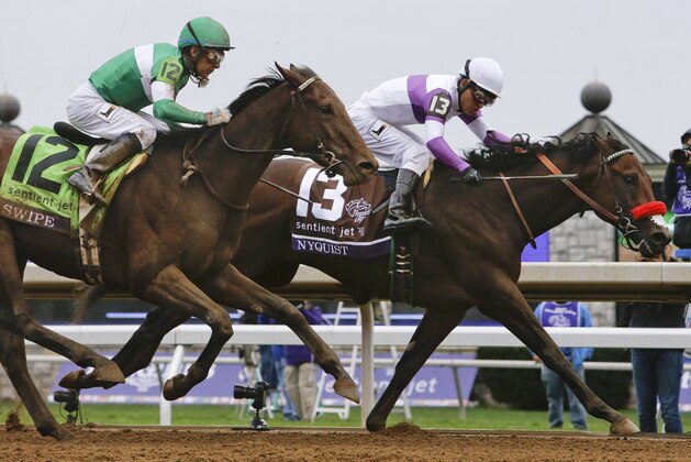 Nyquist (13), with Mario Gutierrez up, wins the Breeders' Cup Juvenile horse race at Keeneland race track Saturday, Oct. 31, 2015, in Lexington, Ky. Swipe (12), with Victor Espinoza up, finished second. (AP Photo/Garry Jones)