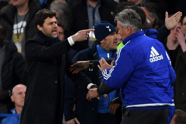 LONDON, ENGLAND - MAY 02:  Mauricio Pochettino the manager of Tottenham Hotspur and Guus Hiddink the interim manager of Chelsea clash during the Barclays Premier League match between Chelsea and Tottenham Hotspur at Stamford Bridge on May 02, 2016 in London, England.jd  (Photo by Shaun Botterill/Getty Images)