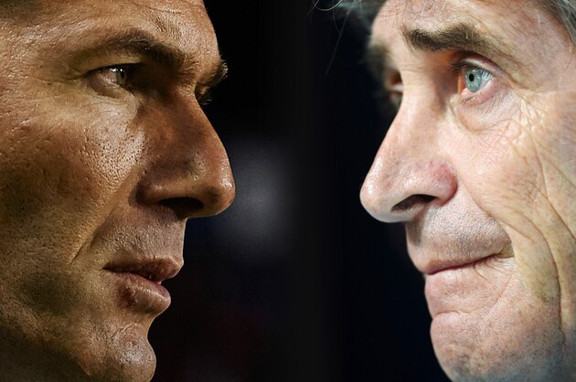 FILE PHOTO - Image Numbers 513361496 (L) and 500290736 - EDITORS NOTE: A gradient has been added) In this composite image a comparison has been made between Head coach Zinedine Zidane of Real Madrid CF (L) and Manuel Pellegrini, manager of Manchester City . Manchester City FC and  Real Madrid meet in the UEFA Champions League Semi Final first leg on April 26,2016 at the City of Manchester Stadium in Manchester England. The second leg takes place on May 4, 2016 in Madrid,Spain.   ***LEFT IMAGE*** VALENCIA, SPAIN - MARCH 02: Real Madrid manager Zinedine Zidane looks on prior to the La Liga match between Levante UD and Real Madrid at Ciutat de Valencia on March 02, 2016 in Valencia, Spain. (Photo by Manuel Queimadelos Alonso/Getty Images) ***RIGHT IMAGE*** MANCHESTER, ENGLAND - DECEMBER 07: Manuel Pellegrini, Manager of Manchester City looks on during a press conference ahead of the UEFA Champions League match against Borussia Moenchengladbach at the City Football Academy on December 7, 2015 in Manchester, Engla