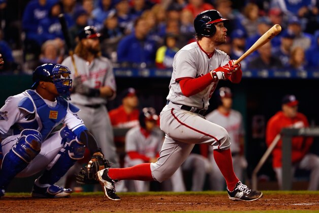 KANSAS CITY, MO - MAY 02:  Daniel Murphy #20 of the Washington Nationals watches as his 1000th hit falls to the ground in the outfield for a double during the 6th inning of the game against the Kansas City Royals on May 02, 2016 in Kansas City, Missouri.  (Photo by Jamie Squire/Getty Images)