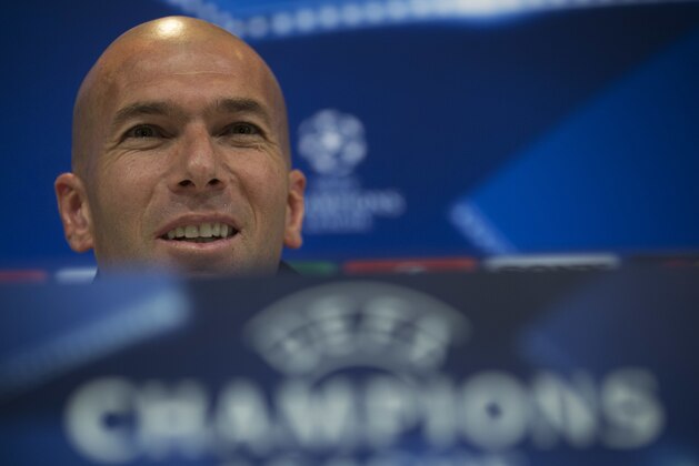 Real Madrid's head coach Zinedine Zidane talks to journalists during a news conference at the team's Valdebebas training ground in Madrid, Tuesday, May 3, 2016. Real Madrid will play a Champions league semi final soccer match against Manchester City on Wednesday 4. (AP Photo/Francisco Seco)