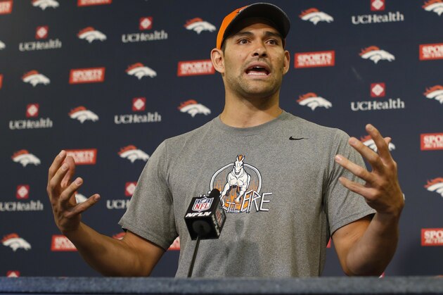 Denver Broncos quarterback Mark Sanchez responds to questions during a news conference Monday, May 2, 2016, at the team's headquarters in Englewood, Colo. (AP Photo/David Zalubowski)