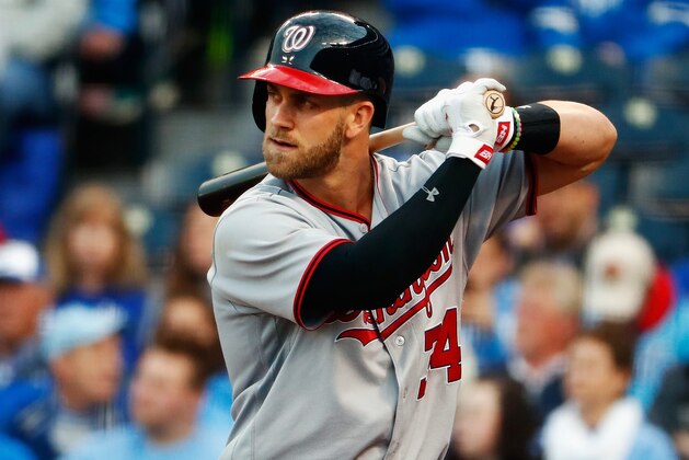 KANSAS CITY, MO - MAY 02:  Bryce Harper #34 of the Washington Nationals bats during the game against the Kansas City Royals on May 02, 2016 in Kansas City, Missouri.  (Photo by Jamie Squire/Getty Images)