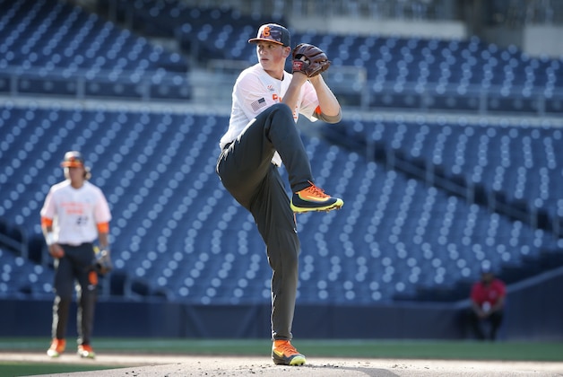 Jason Groome, from Barneset, N.J., during the Perfect Game All-American Classic high school baseball game Sunday, Aug. 16, 2015, in San Diego. (AP Photo/Lenny Ignelzi)